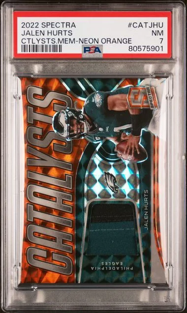 2022 Panini Spectra Jalen Hurts Catalysts Memorabilia Neon Orange #CATJHU card image