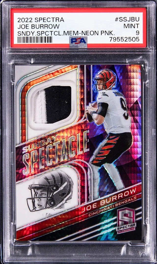 2022 Panini Spectra Joe Burrow Sunday Spectacle Memorabilia Neon Pink #SS-JBU card image