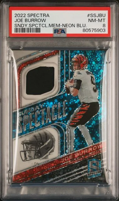 2022 Panini Spectra Joe Burrow Sunday Spectacle Memorabilia Neon Blue #SSJBU card image