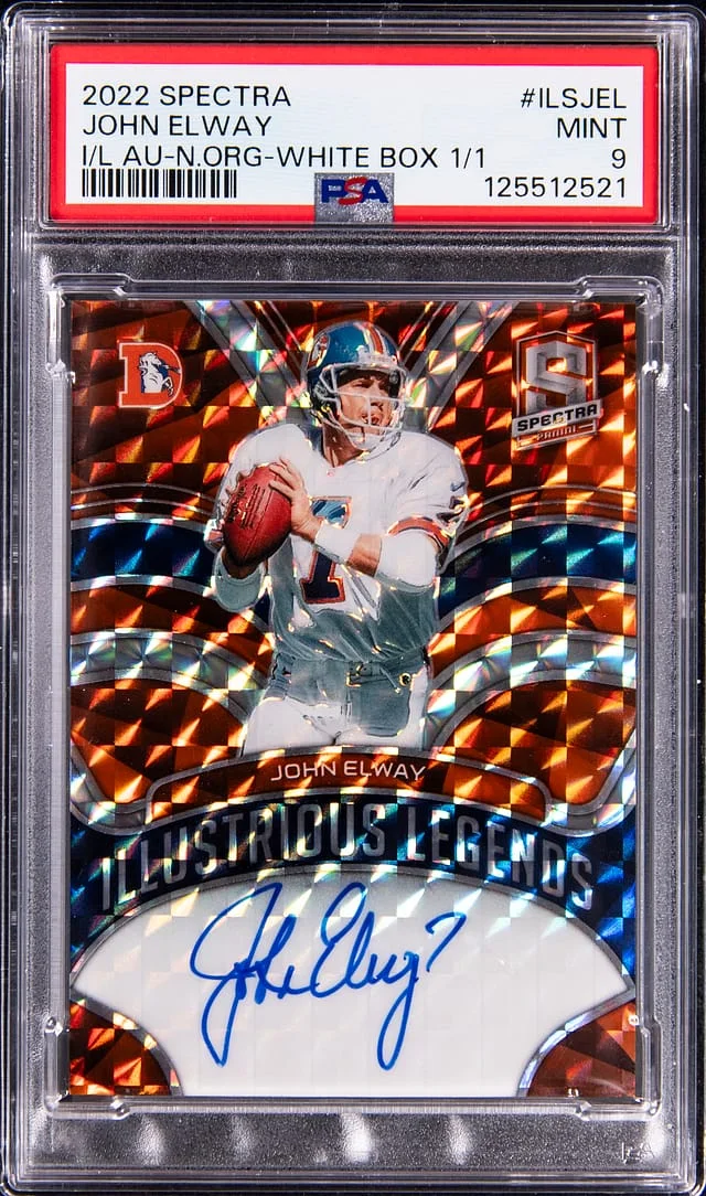 2022 Panini Spectra John Elway Illustrious Legends Autographs Neon Orange White Box #ILSJEL card image