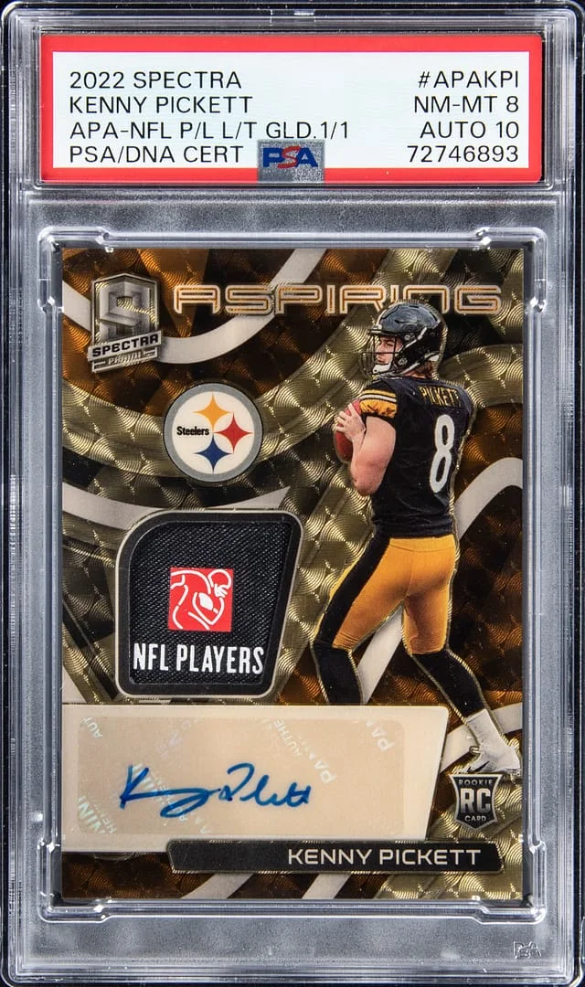 2022 Panini Spectra Kenny Pickett Aspiring Patch Autographs NFL Players Logo Laundry Tags Gold #APA-KPI card image