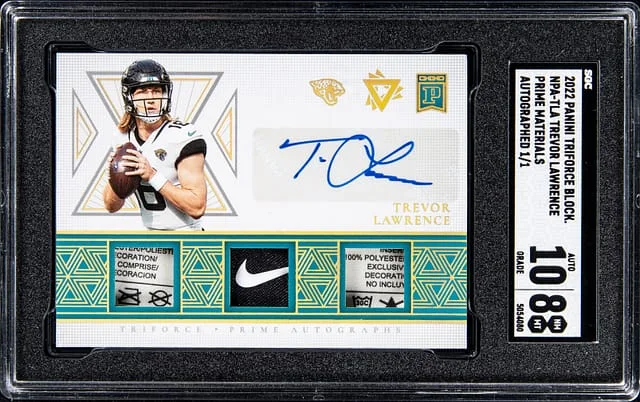 2022 Panini Trevor Lawrence Triforce Blockchain Prime Materials Autographs #NPA-TLA card image