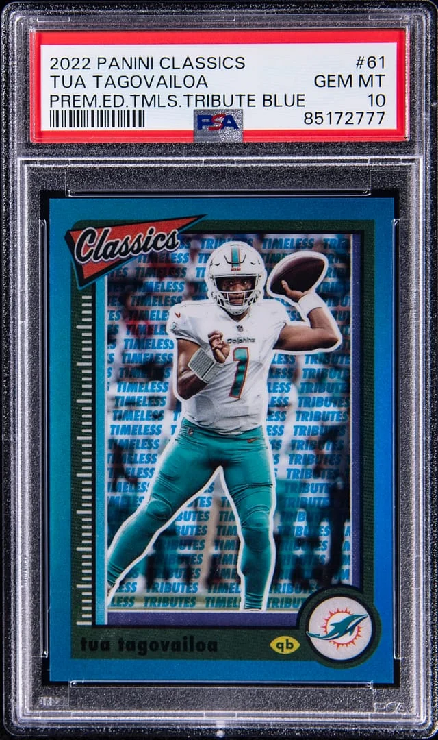 2022 Panini Tua Tagovailoa Classics Premium Edition Timeless Tributes Blue #61 card image