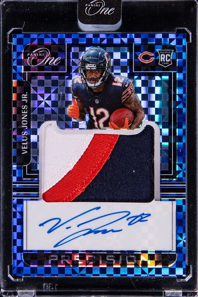 2022 Panini Velus Jones Jr. One Precision Patch Autograph (RPA) Blue Power #320 card image