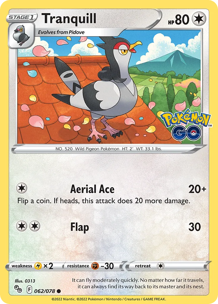 2022 Pokémon GO Tranquill Common #62/78 Common card image