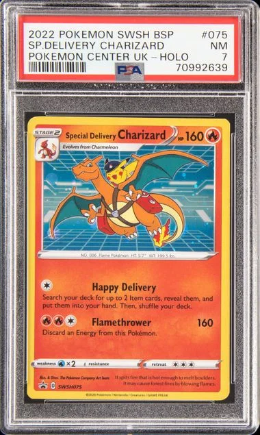 2022 Pokemon Sword and Shield Black Star Promo Pokemon Center United Kingdom Holofoil Special Delivery Charizard #075 card image