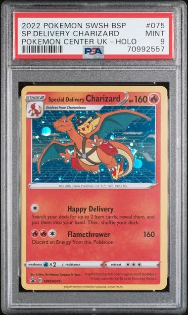 2022 Pokemon Sword & Shield Black Star Promo Pokemon Center United Kingdom Holofoil Special Delivery Charizard #075 card image