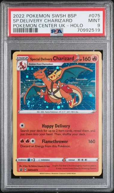 2022 Pokemon Sword & Shield Black Star Promo Pokemon Center United Kingdom Rare Holofoil Special Delivery Charizard #075 card image