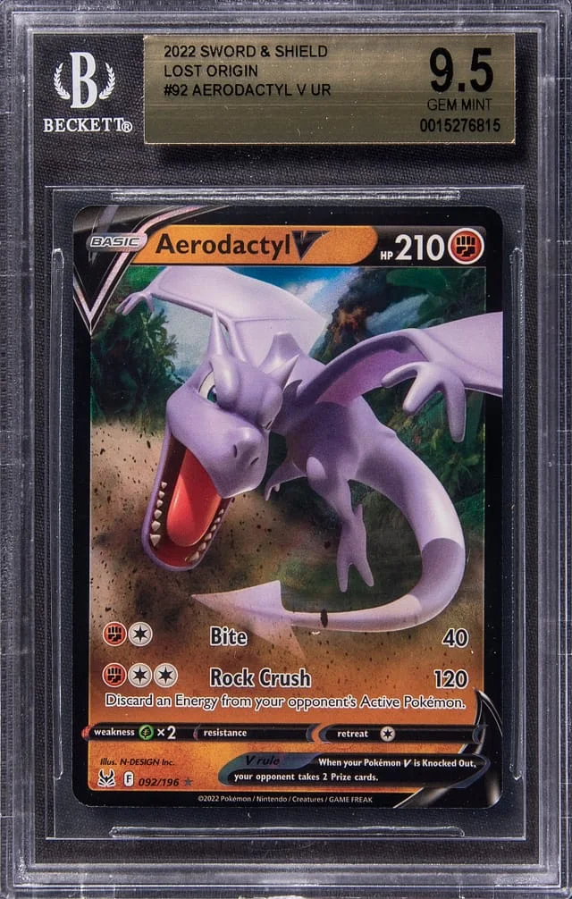 2022 Pokemon Sword & Shield Lost Origin Ultra Rare Holofoil Aerodactyl V #92 card image