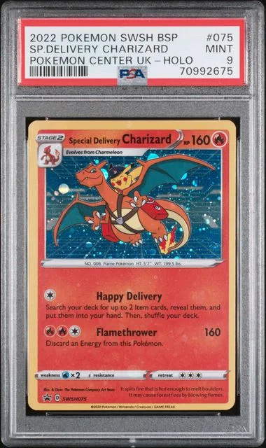 2022 Pokemon Sword & Shiled Black Star Promo Pokemon Center United Kingdom Holofoil Special Delivery Charizard #75 card image