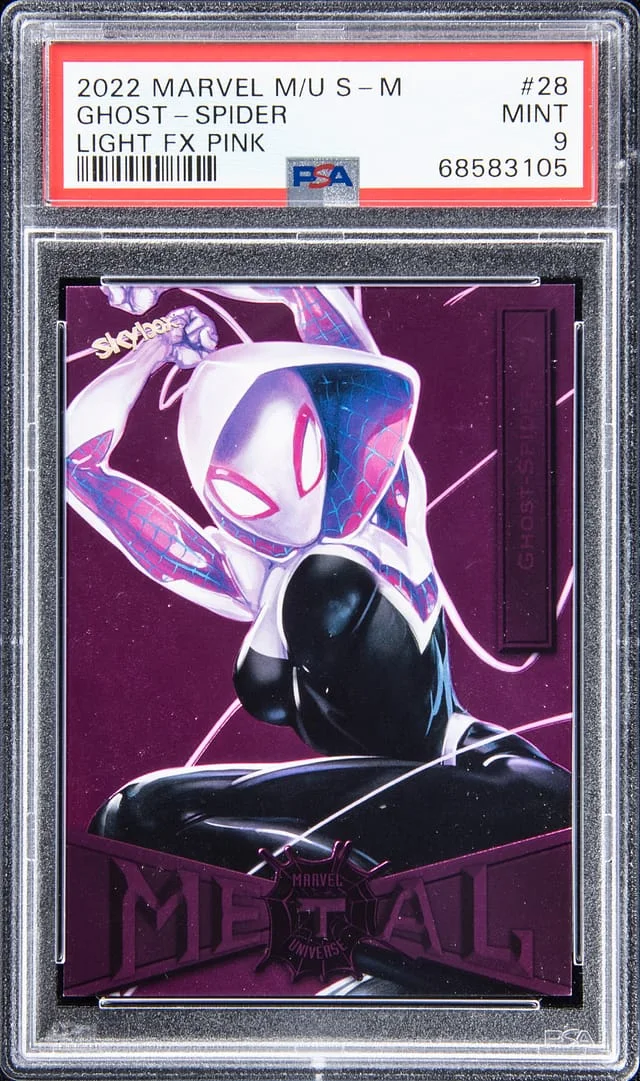 2022 SkyBox Ghost-Spider Marvel Metal Universe Spider-Man Light FX Pink #28 card image