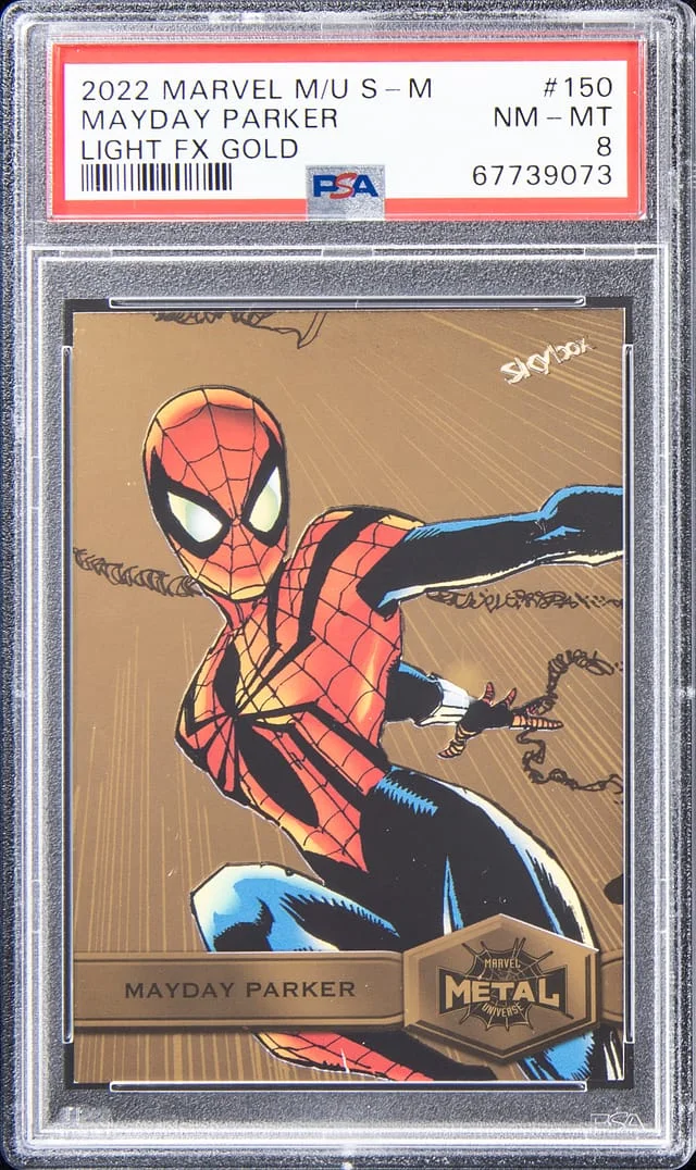 2022 SkyBox Mayday Parker Marvel Metal Universe Spider-Man Light FX Gold #150 card image