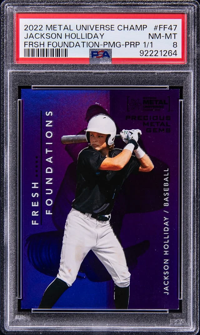 2022 SkyBox Metal Universe Champions Jackson Holliday Fresh Foundations Precious Metal Gems (PMG) Purple #FF47 card image