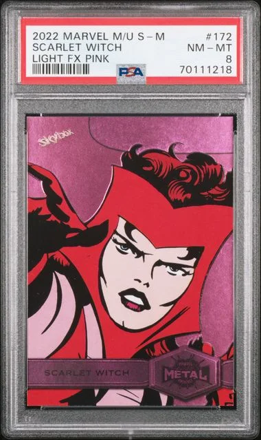2022 SkyBox Scarlet Witch Marvel Metal Universe Spider-Man Light FX Pink #172 card image