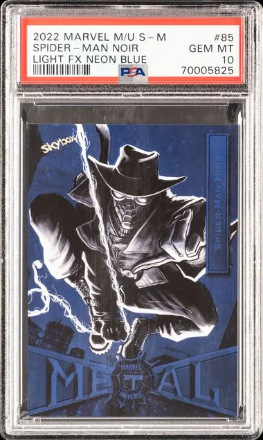 2022 SkyBox Spider-Man Noir Marvel Metal Universe Spider-Man Light Fx Neon Blue #85 card image