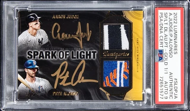 2022 Topps Aaron Judge/Pete Alonso Luminaries Spark of Light Dual Autograph Patch Gold #SLDP-JA card image