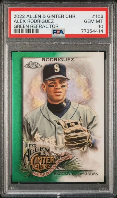 2022 Topps Allen & Ginter Alex Rodriguez Chrome Green Refractor #106 card image