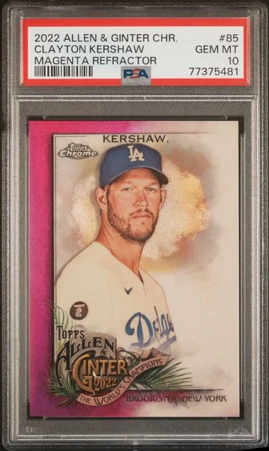 2022 Topps Allen & Ginter Clayton Kershaw Chrome Magenta Refractor #85 card image