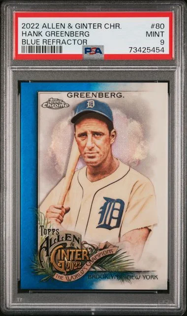 2022 Topps Allen & Ginter Hank Greenberg Chrome Blue Refractor #80 card image