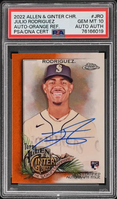 2022 Topps Allen & Ginter Julio Rodriguez Chrome Autograph Red Refractor #AGA-JRO card image