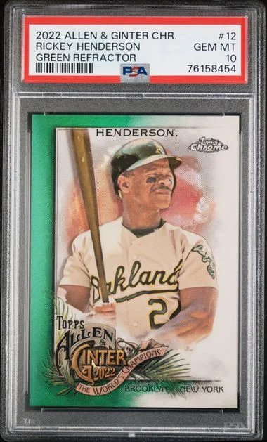 2022 Topps Allen & Ginter Rickey Henderson Chrome Blue Refractor #12 card image