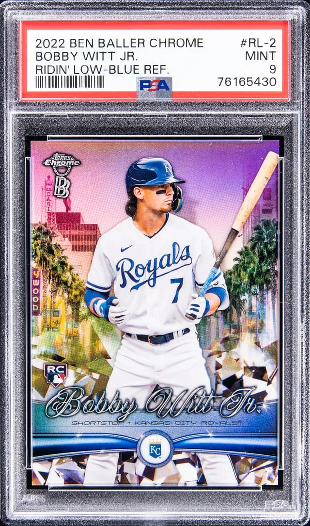 2022 Topps Bobby Witt Jr. Ben Baller Chrome Ridin' Low Blue Refractor #RL-2 card image