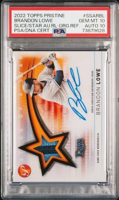 2022 Topps Brandon Lowe Pristine Slice Of A Star Autograph Relics Orange Refractor #SSAR-BL card image