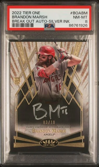 2022 Topps Brandon Marsh Tier One Break Out Autographs Silver Ink #BOA-BM card image