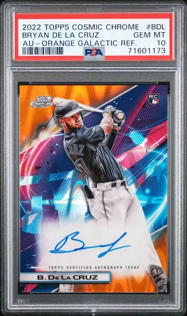 2022 Topps Bryan De La Cruz Cosmic Chrome Autographs Orange Galactic Refractor #BDL card image