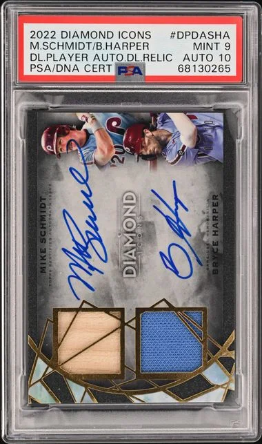 2022 Topps Bryce Harper/Mike Schmidt Diamond Icons Dual Player Autographed Dual Relics #DPDA-SHA card image