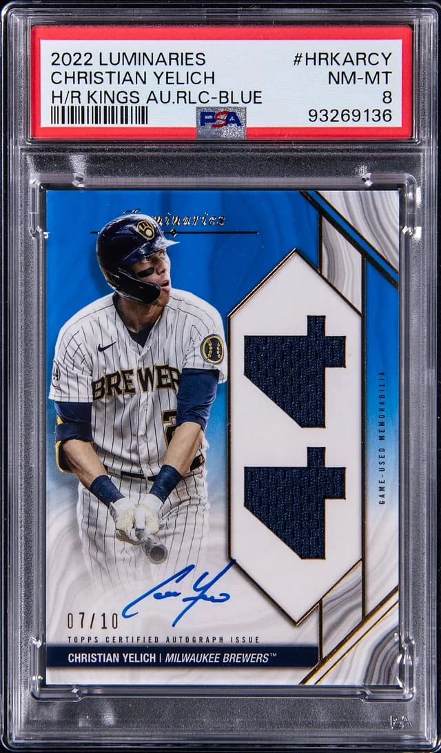 2022 Topps Christian Yelich Luminaries Home Run Kings Autograph Relic Blue #HRKAR-CY card image