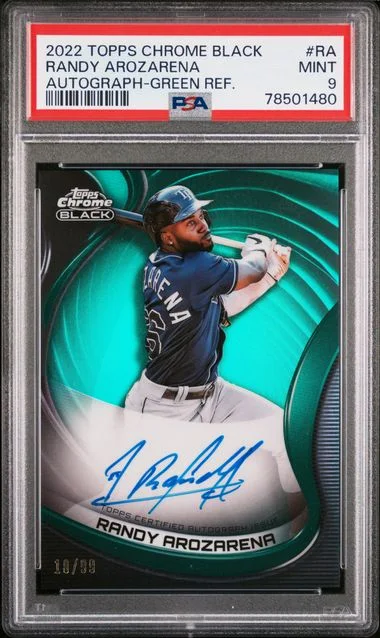 2022 Topps Chrome Black Autographs Green Refractor Ra Randy Arozarena #no-number card image