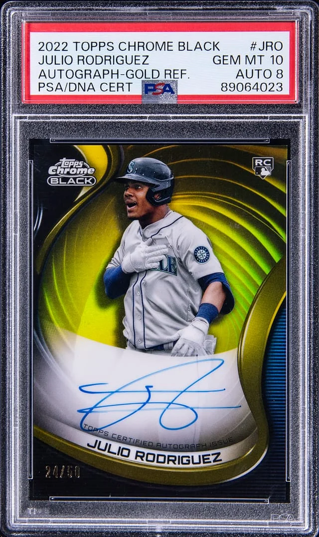 2022 Topps Chrome Black Julio Rodriguez Autograph Gold Mini Diamond Refractor #JRO card image