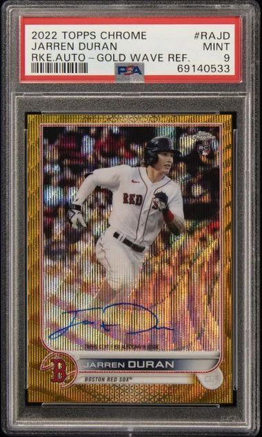 2022 Topps Chrome Jarren Duran Autographs Gold Wave Refractor #RA-JD card image