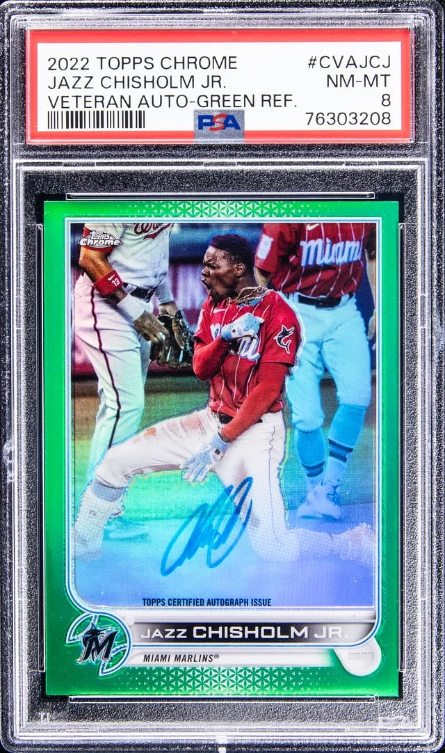 2022 Topps Chrome Jazz Chisholm Jr. Veteran Autograph Green Refractor #CVAJCJ card image