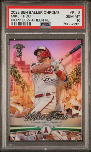 2022 Topps Chrome Mike Trout Ben Baller Ridin' Low Green Refractor #RL-3 card image