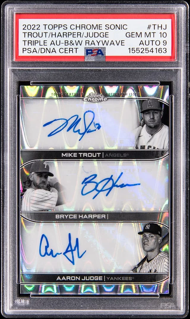 2022 Topps Chrome Mike Trout/Bryce Harper/Aaron Judge Multi-Signed Triple Autograph Black & White Raywave Refractor #TA-THJ card image