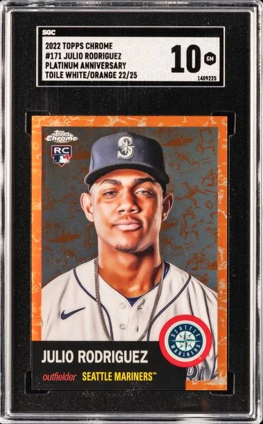 2022 Topps Chrome Platinum Anniversary 171 Julio Rodriguez Toile White/Orange #22/25 card image