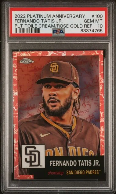 2022 Topps Chrome Platinum Anniversary Fernando Tatis Jr. Platinum Toile Cream/Rose Gold Refractor #100 card image