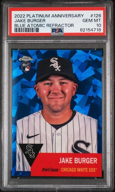 2022 Topps Chrome Platinum Anniversary Jake Burger Blue Atomic Refractor #126 card image