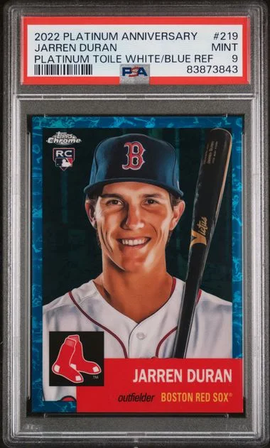 2022 Topps Chrome Platinum Anniversary Jarren Duran Platinum Toile White/Blue Refractor #219 card image