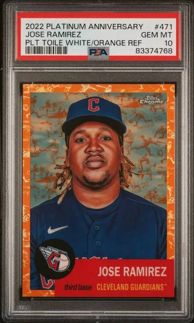 2022 Topps Chrome Platinum Anniversary Jose Ramirez Platinum Toile White/Orange Refractor #471 card image
