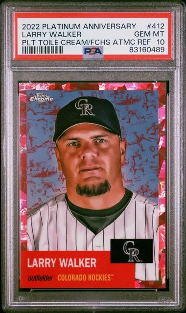 2022 Topps Chrome Platinum Anniversary Larry Walker Platinum Toile Cream/Fuchsia Atomic Refractor #412 card image