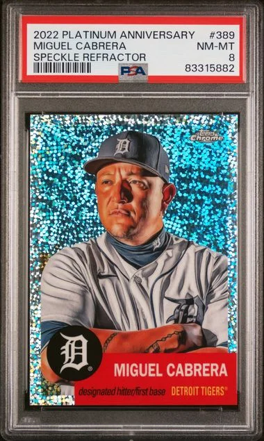 2022 Topps Chrome Platinum Anniversary Miguel Cabrera Speckle Refractor #389 card image