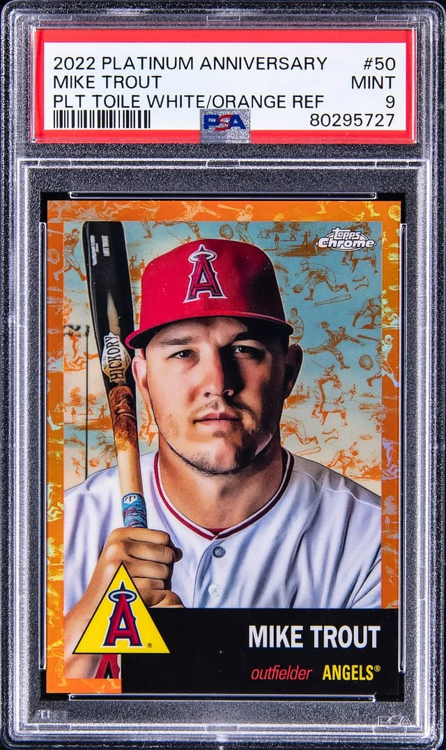 2022 Topps Chrome Platinum Anniversary Mike Trout (#45285) Platinum Toile White/Orange Refractor #50 card image