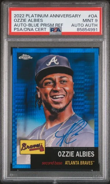 2022 Topps Chrome Platinum Anniversary Ozzie Albies Autograph Blue Prism Refractor #OA card image