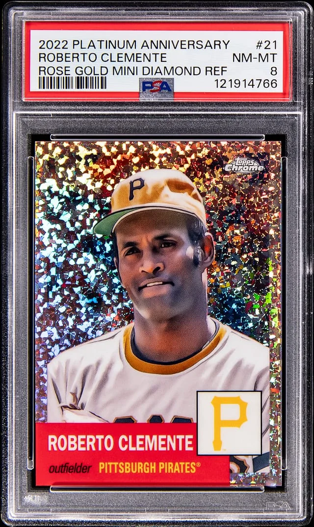 2022 Topps Chrome Platinum Anniversary Roberto Clemente Rose Gold Mini Diamond Refractor #21 card image