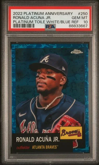 2022 Topps Chrome Platinum Anniversary Ronald Acuna Jr. Platinum Toile White/Blue Refractor #250 card image