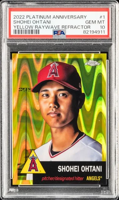 2022 Topps Chrome Platinum Anniversary Shohei Ohtani Yellow Raywave Refractor #1 card image