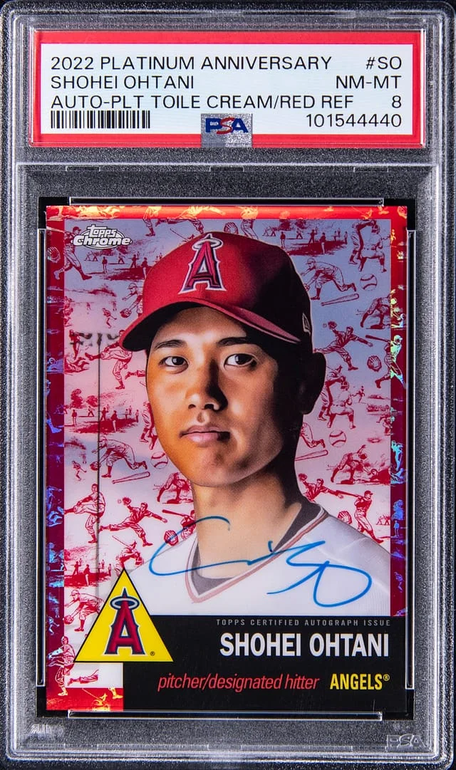 2022 Topps Chrome Platinum Anniversary Shohei Ohtani Autograph Platinum Toile Cream Red Refractor #CPA-SO card image